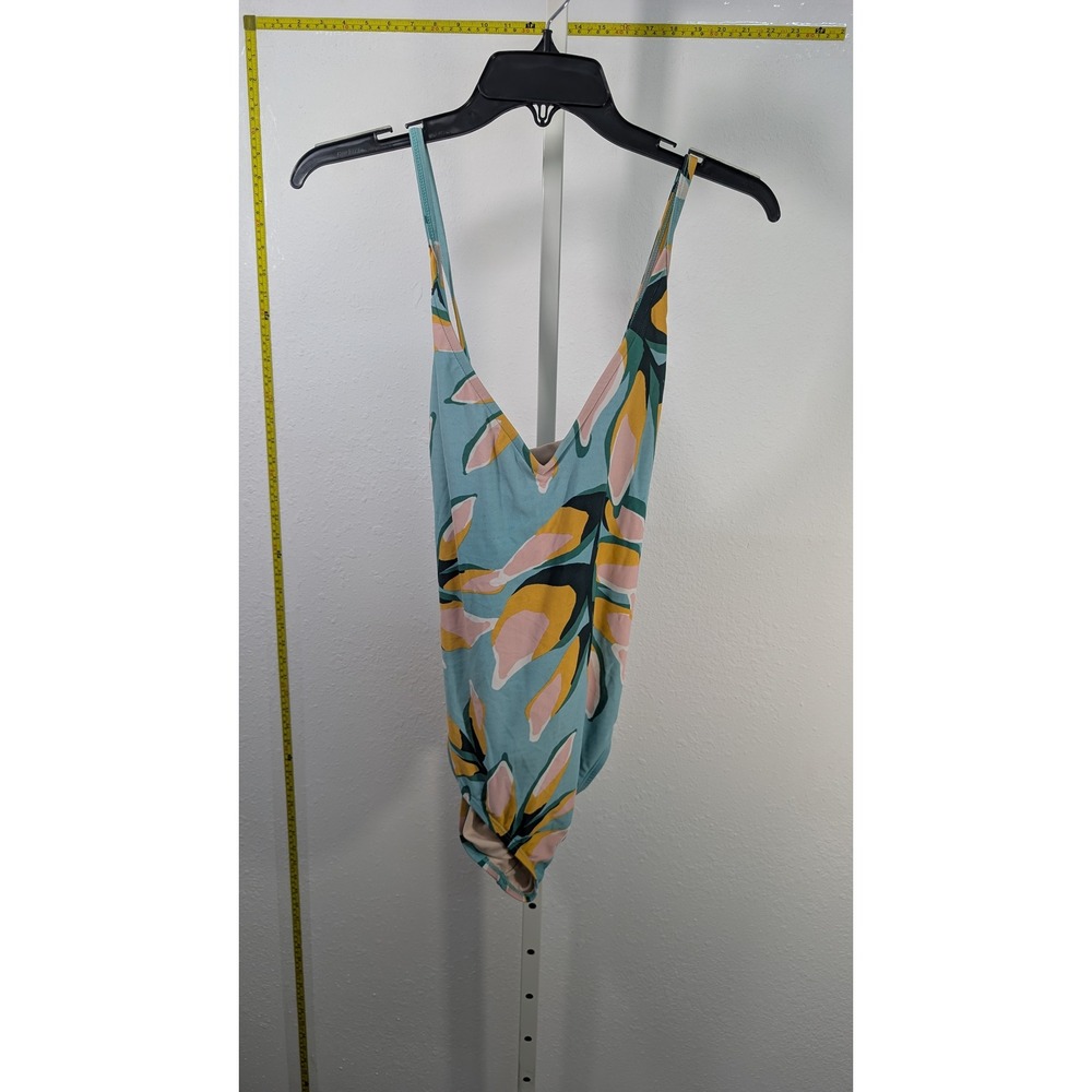 Kona Sol Womens Large Teal Tropical Leaf Print V-Neck One Piece Swimsuit L